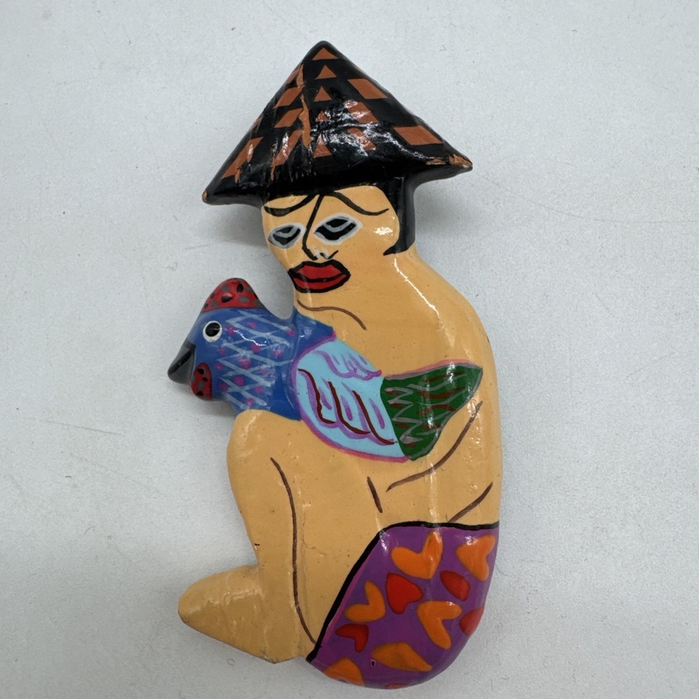 Vintage Folk Art Wooden Duck Brooch Pin Hand Painted Carved Asian Farmer Bird